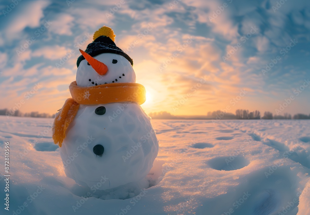 Fototapeta premium Smiling Snowman in Winter Sunset Field