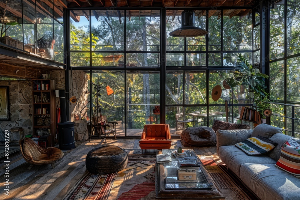 Luxury living room interior in a modern house with a view of the garden Luxury living room interior in a modern house with a view of the garden