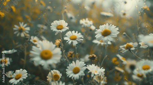 Vintage cinematic spring meadow background with Australian white and yellow everlasting daisies photo