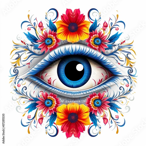 Illustration with a human eye with floral decoration. Ophthalmology, postcard, poster.
