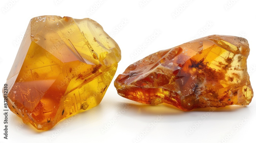Sunstone Two stunning yellow amber pieces with inclusions on white background ideal for jewelry