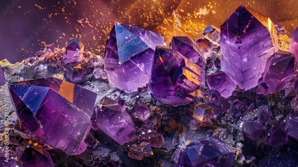 Amethyst crystals in a rock sample seen under high magnification Amethyst crystals in a rock sample seen under high magnification
