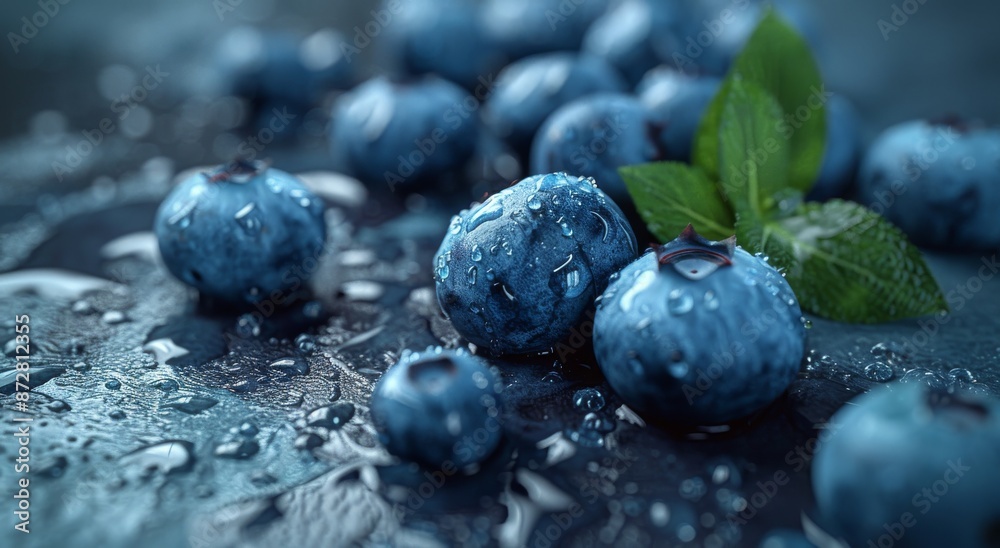 Fresh blueberries on a wet surface with water droplets and green leaves Fresh blueberries on a wet surface with water droplets and green leaves