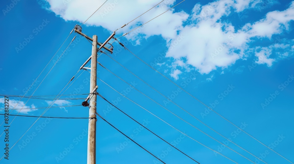 Electric lines against blue sky with hub on pole High voltage wires in background Electric lines against blue sky with hub on pole High voltage wires in background