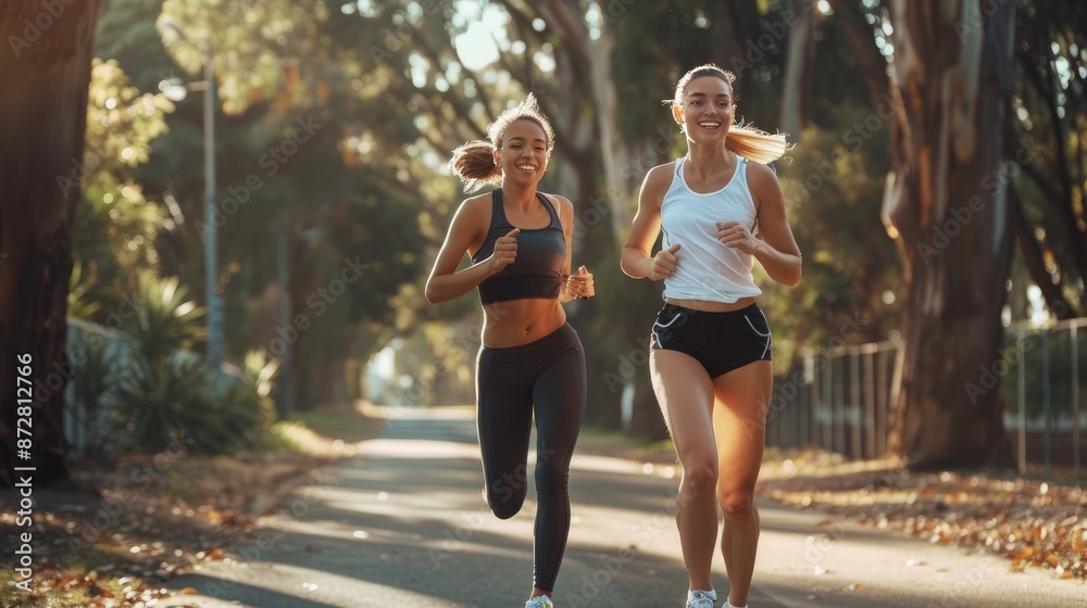 Happy athletic woman running with her friend in park