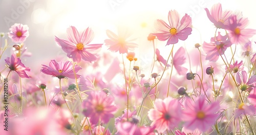 Sunlit Field of Pink Cosmos Flowers