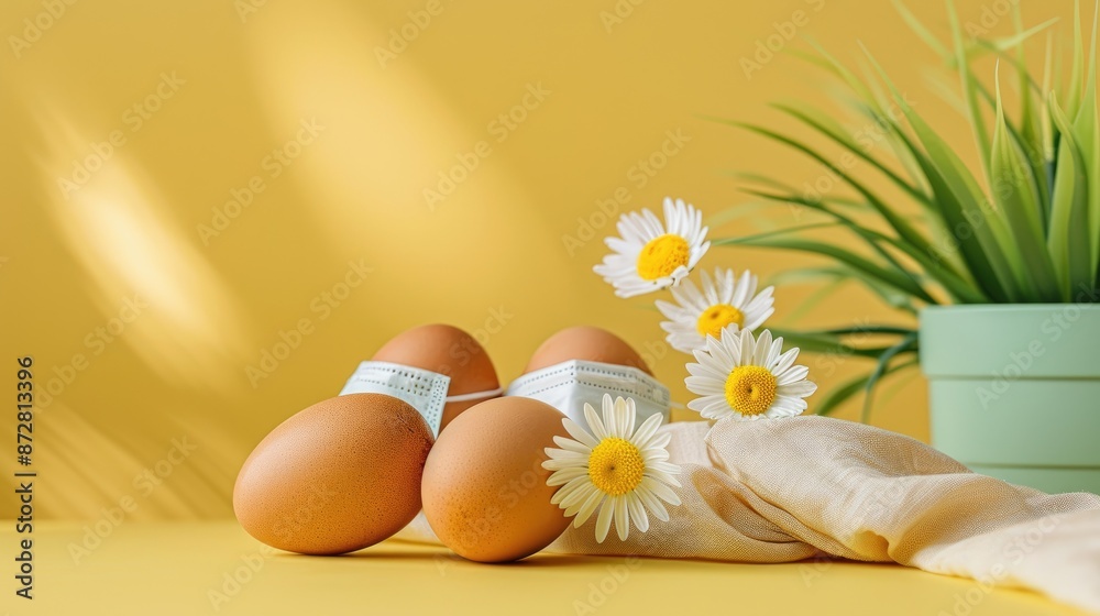 Canceling Easter Holiday Brown Eggs Flowers and Medical Masks on Yellow Background Canceling Easter Holiday Brown Eggs Flowers and Medical Masks on Yellow Background