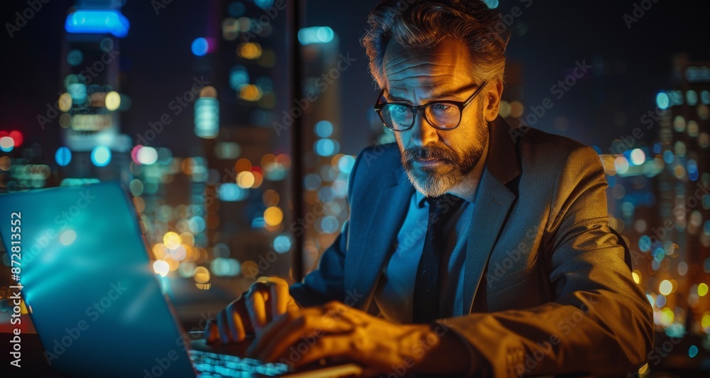 Businessman in a suit and tie working late at night in a city office with a laptop Businessman in a suit and tie working late at night in a city office with a laptop