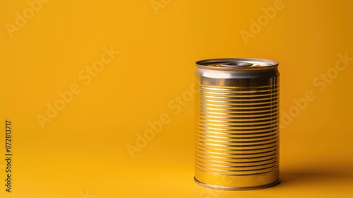 Canned food container against yellow backdrop