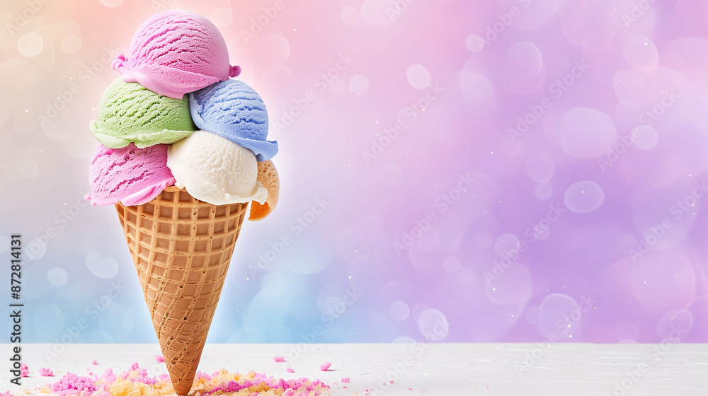 Ice Cream Cone. Colorful Scoops on a Waffle Cone Ice Cream Cone. Colorful Scoops on a Waffle Cone