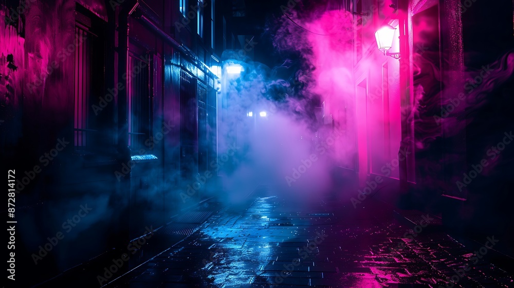 Naklejka premium A dark street, bathed in neon pink and blue lights, with night smog swirling around. Minimalistic, ultra HD quality.