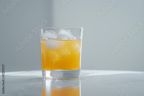 Presented in a crystal vase with a white background and a black base, a juice of orange with orange bits on top