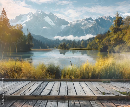 Wooden Deck Lake Matheson Mountain View photo