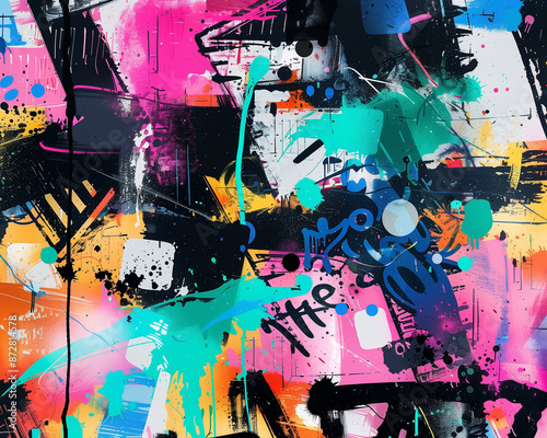 vibrant abstract graffiti with bold splashes of teal pink and orange on a dark background