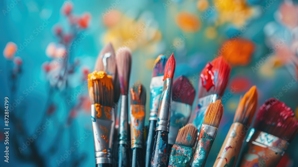 Different paintbrushes on blurred artwork Different paintbrushes on blurred artwork