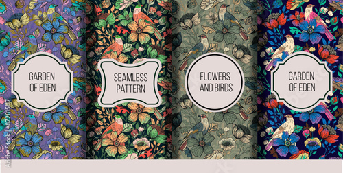 Set of Seamless pattern for textile or wallpaper with flowers, leaves and birds. Full color print.