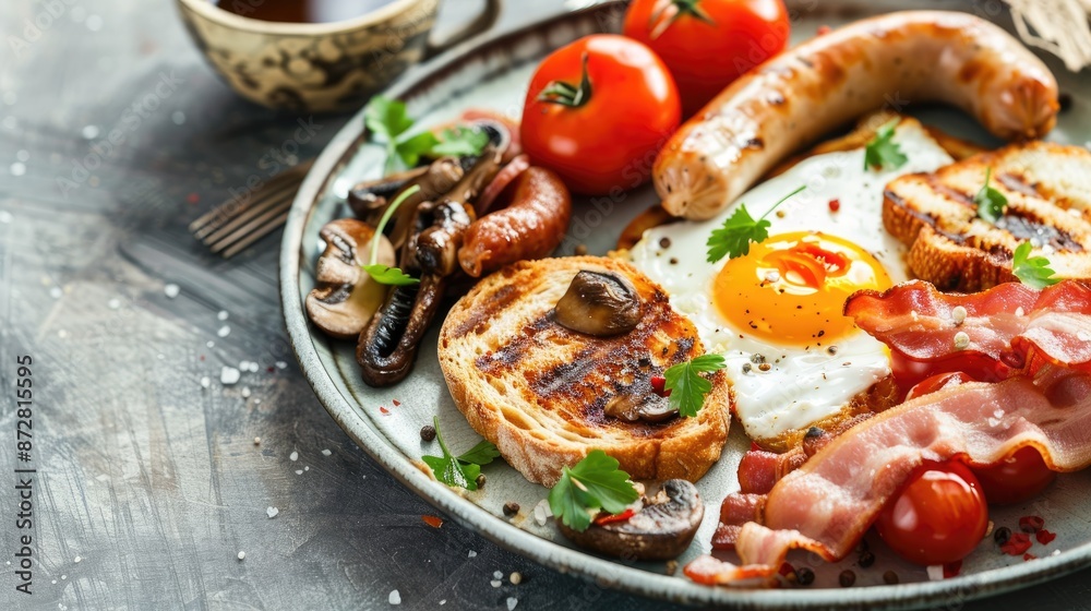 Plate of English breakfast with sunny side up egg sausages bacon toasts grilled mushrooms tomatoes and coffee on rustic background Plate of English breakfast with sunny side up egg sausages bacon toasts grilled mushrooms tomatoes and coffee on rustic background