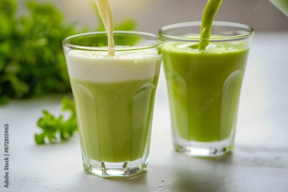 A white plate with a clear, gridded surface and a green vaso of matcha will be used to serve the milk A white plate with a clear, gridded surface and a green vaso of matcha will be used to serve the milk