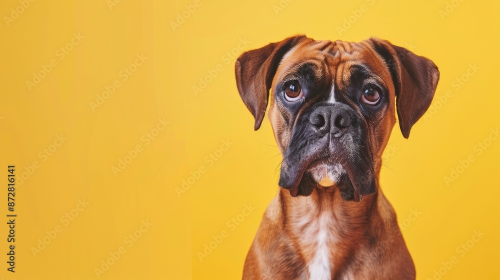 Obraz premium Boxer dog posing on yellow background