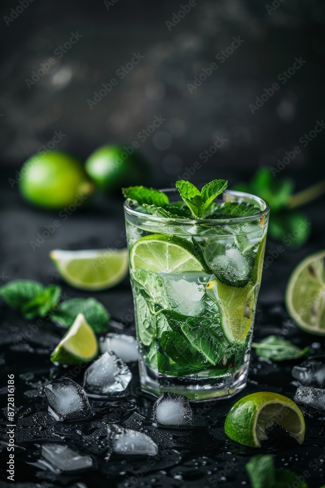 A refrigerator container for deintoxicating lime juice with lime and ice rods over a black background A refrigerator container for deintoxicating lime juice with lime and ice rods over a black background