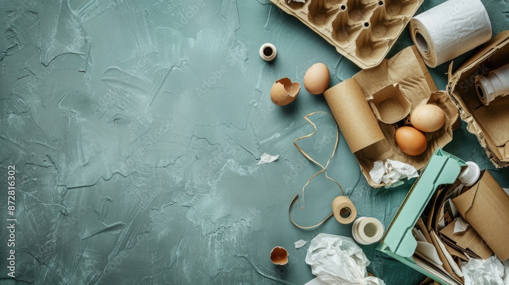 Sorting waste items on a plain surface egg cartons cardboards tissue rolls blank area room for text waste segregation