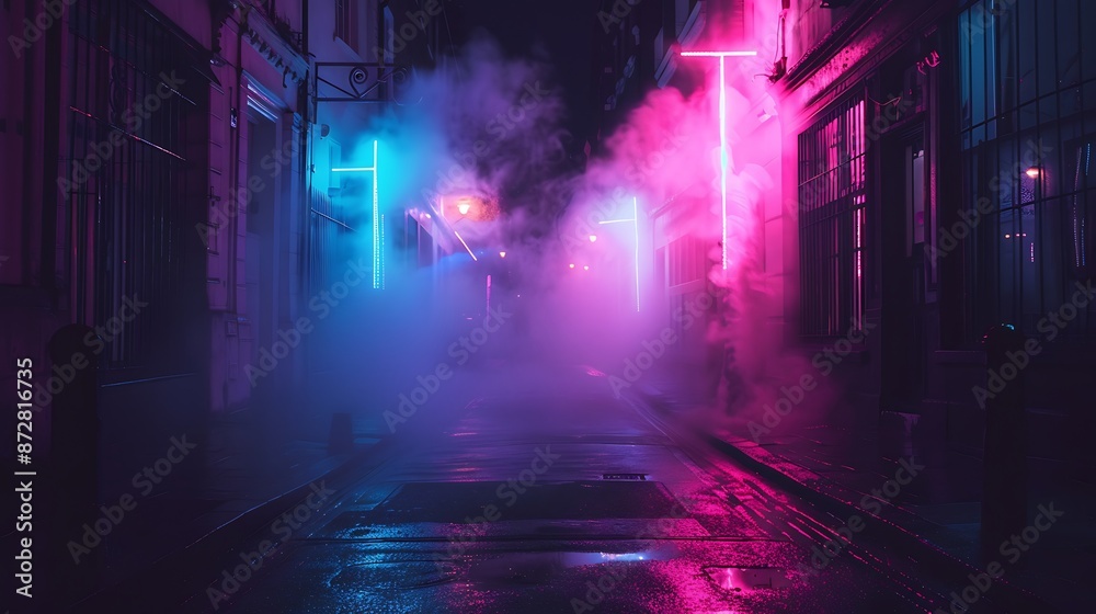 A dark street, bathed in neon pink and blue lights, with night smog swirling around. Minimalistic, ultra HD quality. A dark street, bathed in neon pink and blue lights, with night smog swirling around. Minimalistic, ultra HD quality.