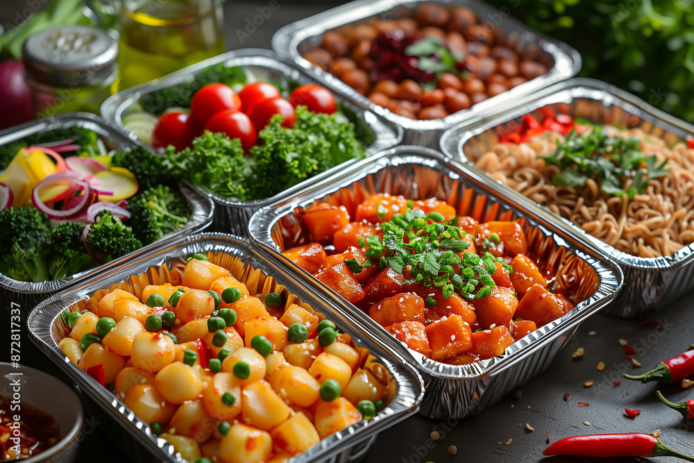 Aluminum lunch boxes filled with beautiful food. Food for a picnic or outdoor party Aluminum lunch boxes filled with beautiful food. Food for a picnic or outdoor party