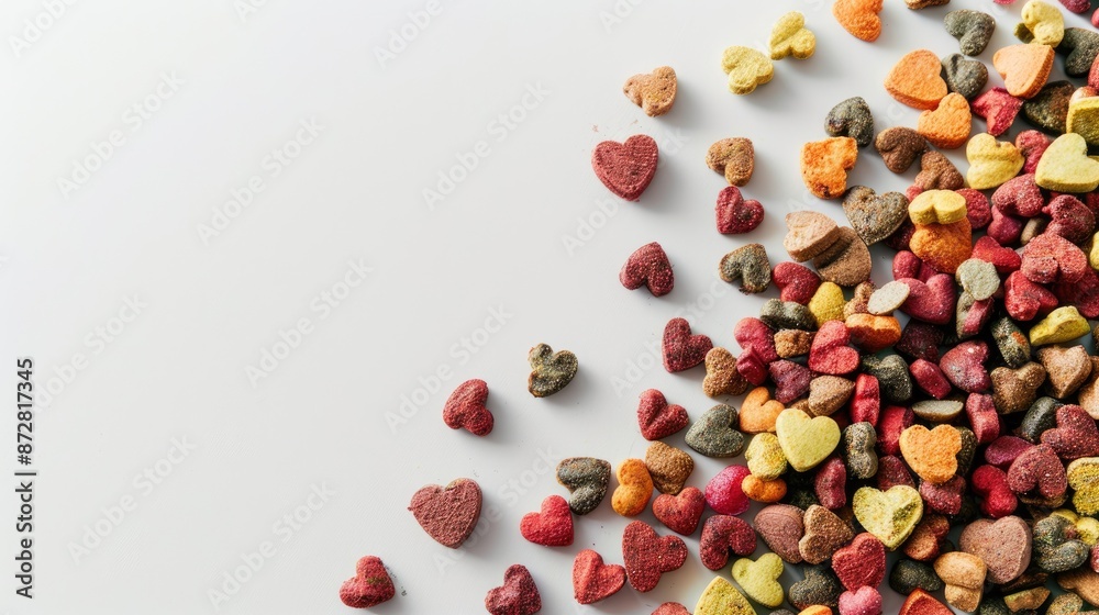 Bird s eye view of heart shaped colorful dried dog food on a white background Heart shaped grain animal pet food banner with space for text Bird s eye view of heart shaped colorful dried dog food on a white background Heart shaped grain animal pet food banner with space for text