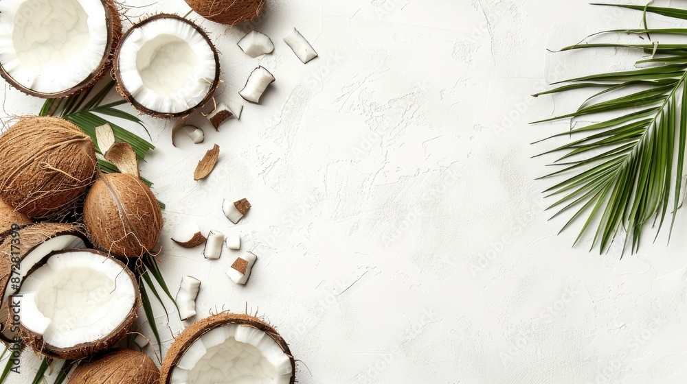 Coconut theme with various coconut products on a white backdrop Coconut theme with various coconut products on a white backdrop