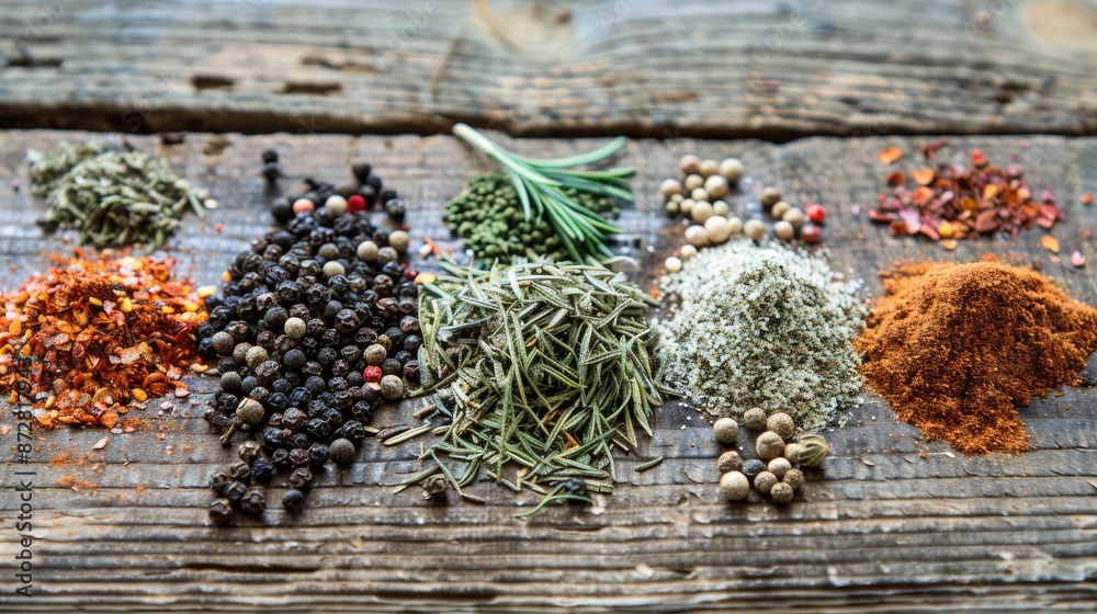 Fototapeta premium Assorted spices and herbs on wooden background for cooking dry rosemary black pepper paprika oregano
