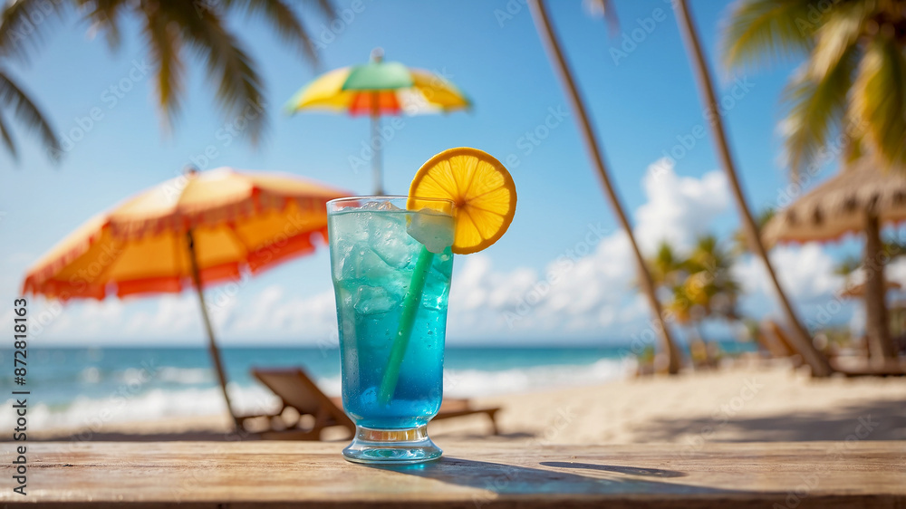 frosty glass of tropical drink with a colorful umbrella, set against a backdrop of a sunny beach with turquoise waves and a bright blue sky frosty glass of tropical drink with a colorful umbrella, set against a backdrop of a sunny beach with turquoise waves and a bright blue sky
