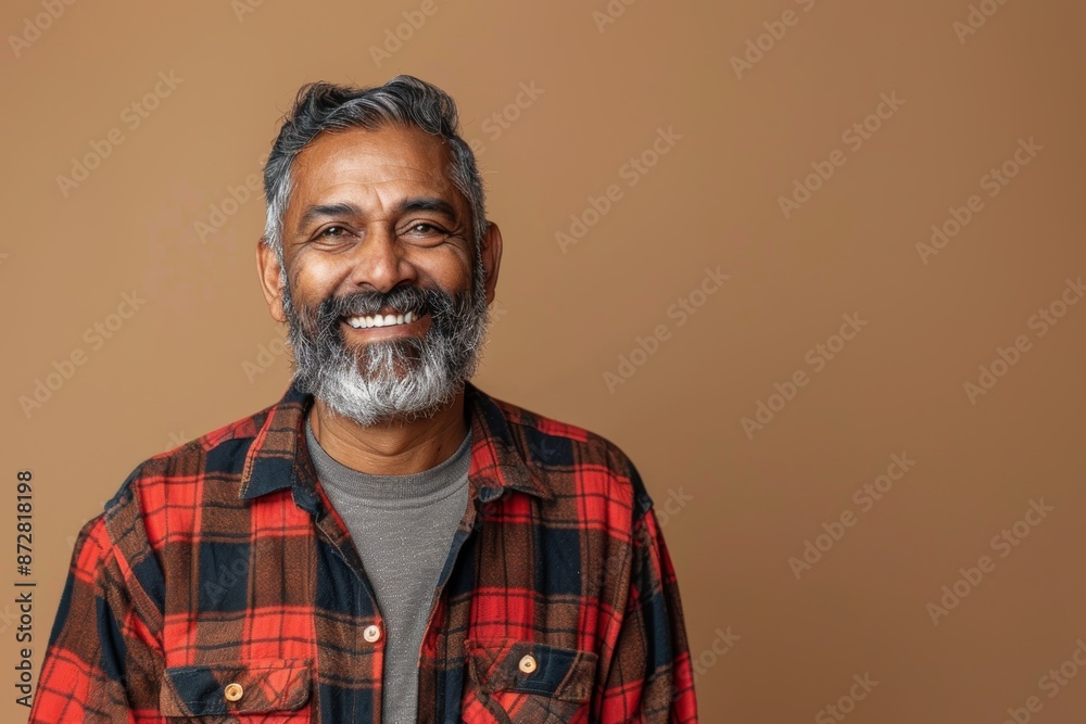 Portrait of a grinning indian man in his 40s wearing a comfy flannel shirt in front of pastel brown background Portrait of a grinning indian man in his 40s wearing a comfy flannel shirt in front of pastel brown background