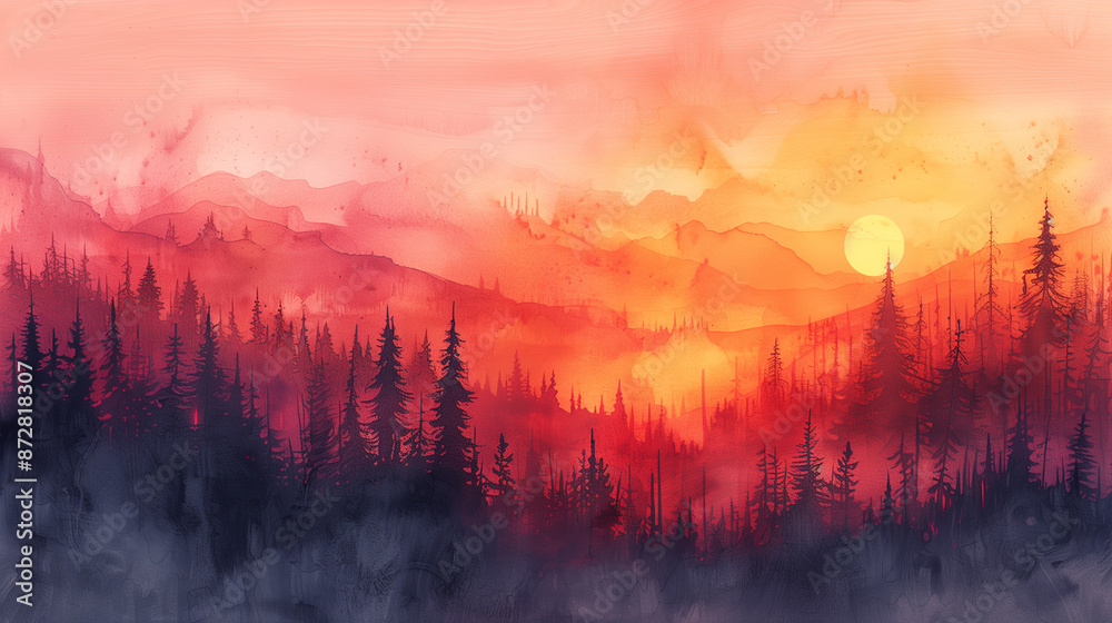 vibrant ink wash landscape with forest and mountains at sunset