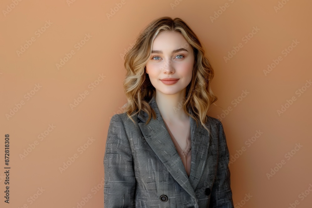 Obraz premium Portrait of a content caucasian woman in her 20s wearing a professional suit jacket isolated on pastel brown background
