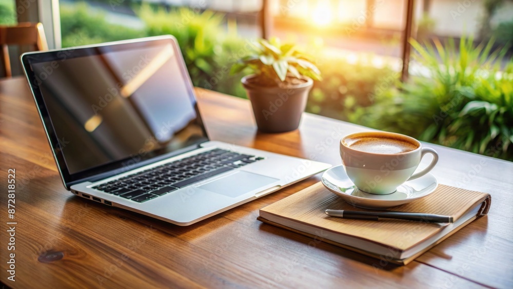 Modern desk setup with laptop, smartphone, and coffee cup, efficient workspace
Modern desk setup with laptop, smartphone, and coffee cup, efficient workspace