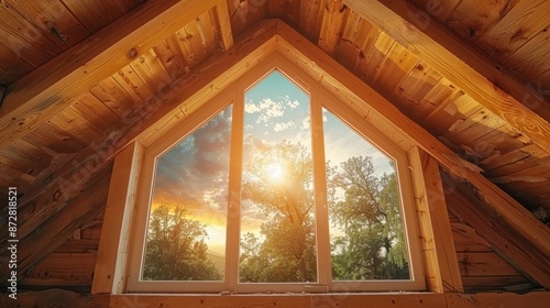 A picturesque sunset is viewed through a triangular wooden attic window, overlooking a serene and dense forest, capturing the essence of natural beauty and tranquility. photo