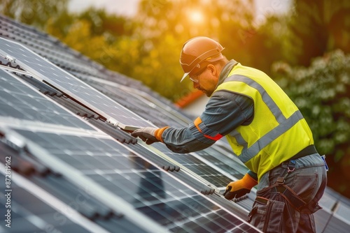 technician installing solar cells on the roof of house. generative ai