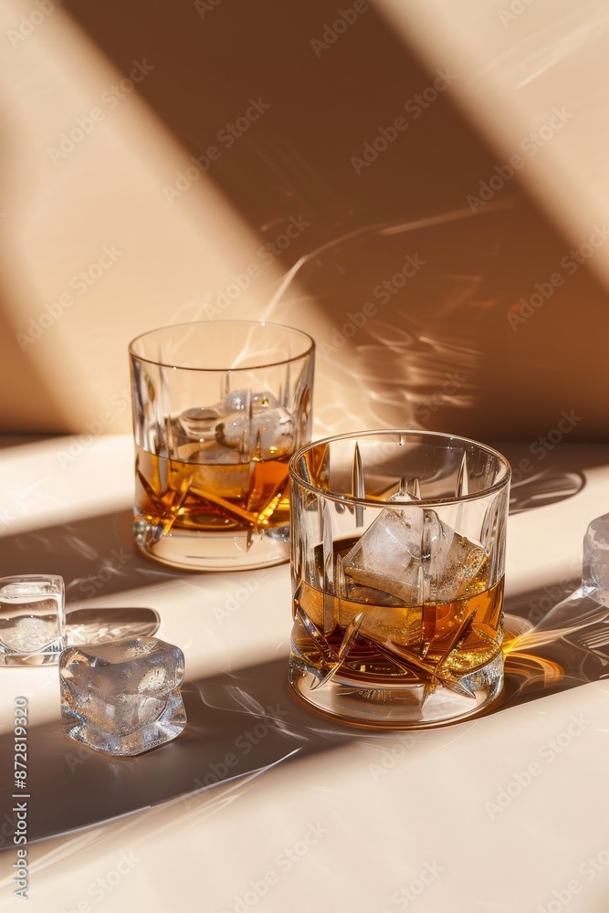 The glass containers of whisky are on a mango-colored background The glass containers of whisky are on a mango-colored background