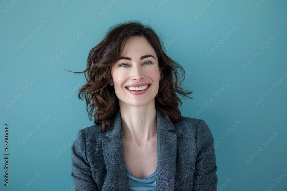 Fototapeta premium Portrait of a happy caucasian woman in her 30s dressed in a stylish blazer in front of soft blue background
