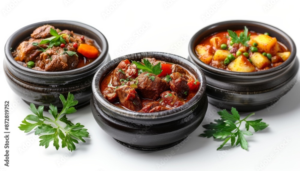 Tasty goulash. Set with cooked meat isolated on white Tasty goulash. Set with cooked meat isolated on white