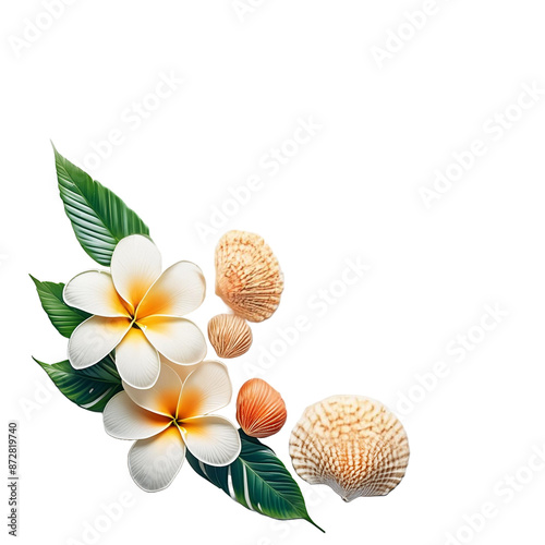 Frangipani flower and shells isolated on white #872819740