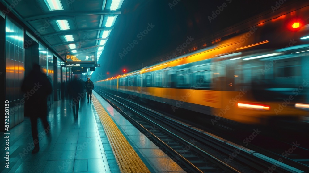 A subway train rushes by a platform, creating a blurry streak of yellow and blue light. A subway train rushes by a platform, creating a blurry streak of yellow and blue light.