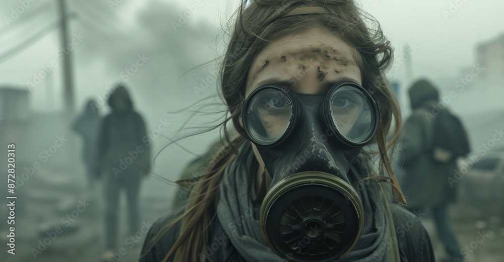 Woman wearing gas masks. Environmental disaster. Woman wearing gas masks. Environmental disaster.