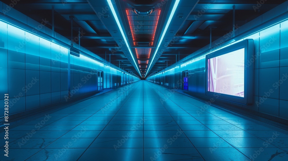 An empty subway station with a glowing advertising lightbox An empty subway station with a glowing advertising lightbox