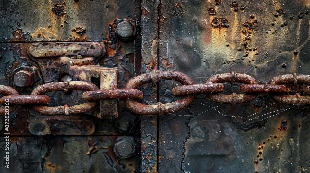 Rusty iron chain securing lock on metal door in afternoon Rusty iron chain securing lock on metal door in afternoon