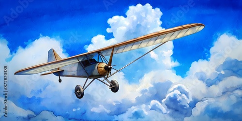 Solo single-engine ultralight aircraft soaring effortlessly through a brilliant blue sky scattered with puffy white clouds, casting a gentle shadow beneath. photo