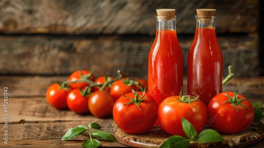 Two Tomato Juice Bottles and Fresh Ripe Tomatoes on a wooden table Two Tomato Juice Bottles and Fresh Ripe Tomatoes on a wooden table