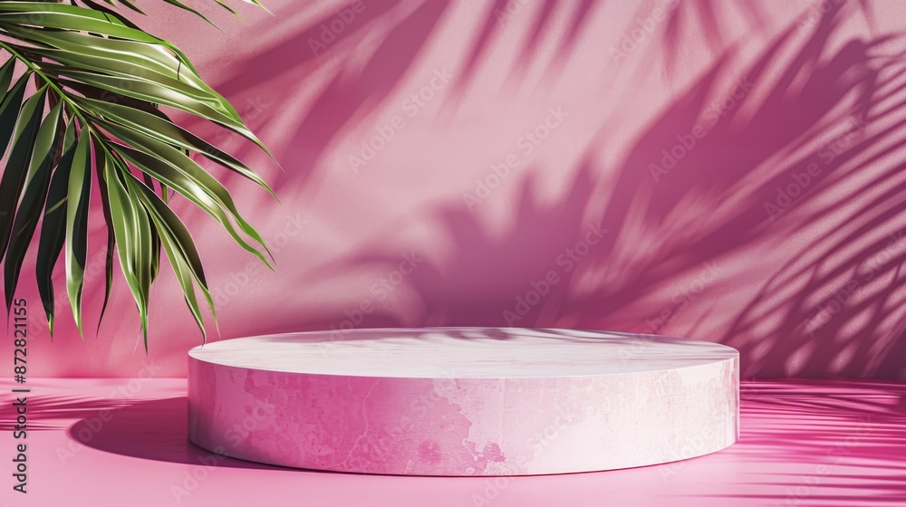 large round mockup. platform on pink background. in studio. falling shadow of tropical leaves. large round mockup. platform on pink background. in studio. falling shadow of tropical leaves.