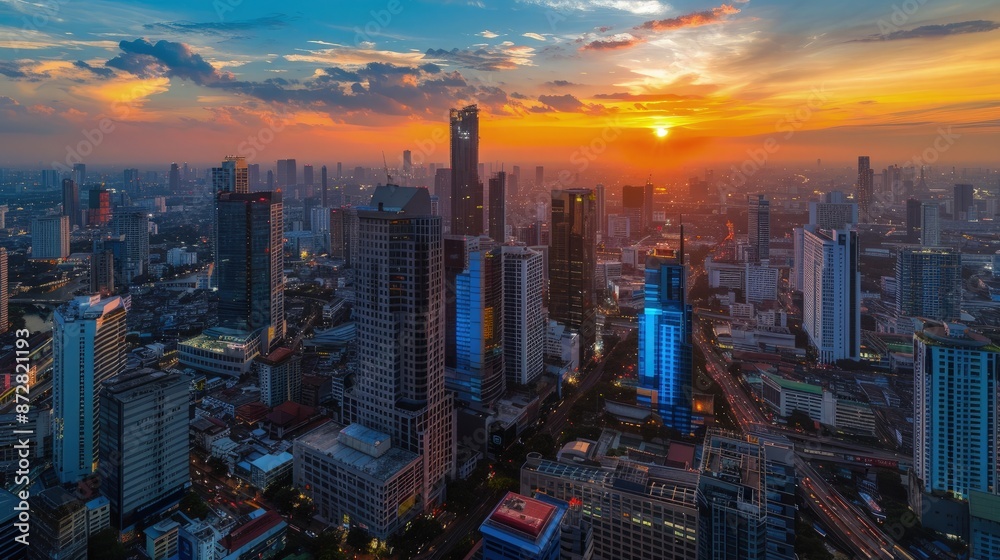 Fototapeta premium Aerial view of Bangkok cityscape around Rama 9 area during sunset, with skyscrapers and streets glowing in bright orange and blue hues.