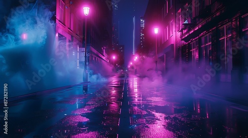 A dark street, bathed in neon pink and blue lights, with night smog swirling around. Minimalistic, ultra HD quality.